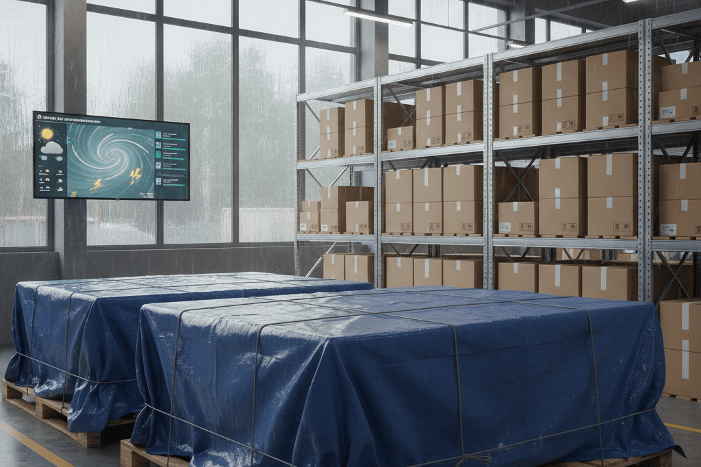 Medium shot of a dry, organized warehouse interior with tarped pallets and a live weather dashboard on the wall during rainy weather