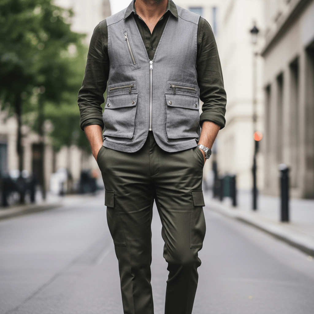 Tailored olive Tencel cargo pants and stone grey linen vest with satin sheen.
