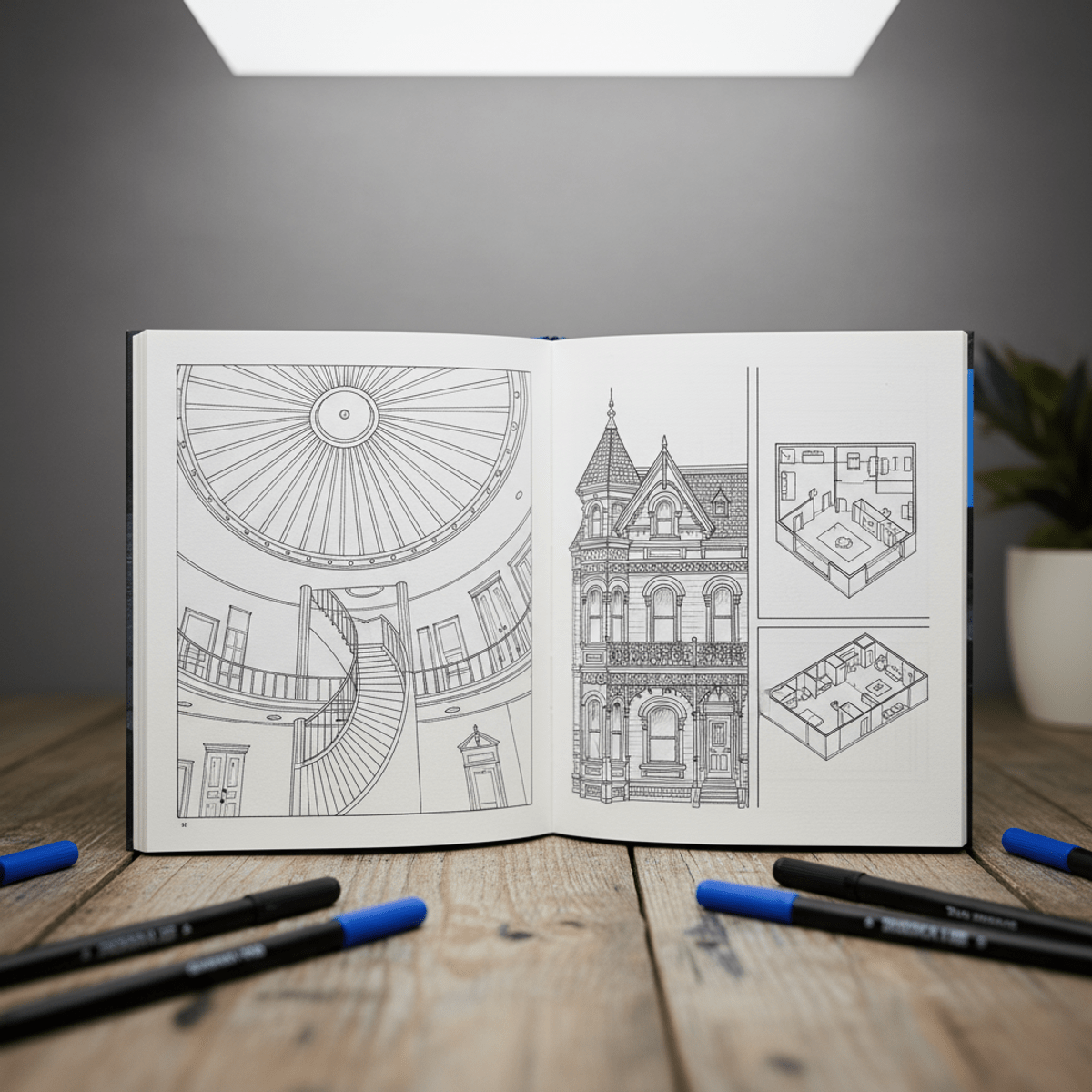 Open coloring book with architectural blueprints and fine-tip pens.