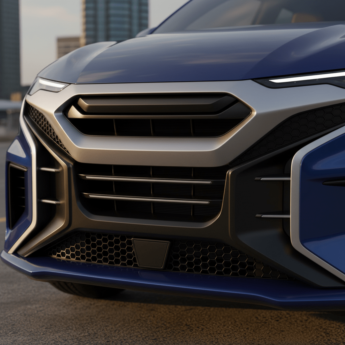 Bold front grille of a sapphire blue hybrid subcompact car with matte and glossy contrasts.