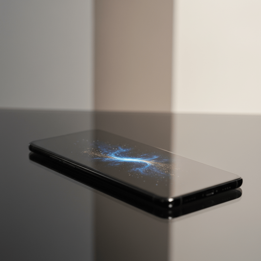 Close-up of a sleek, minimalist phone with an edge-to-edge display on a reflective surface.