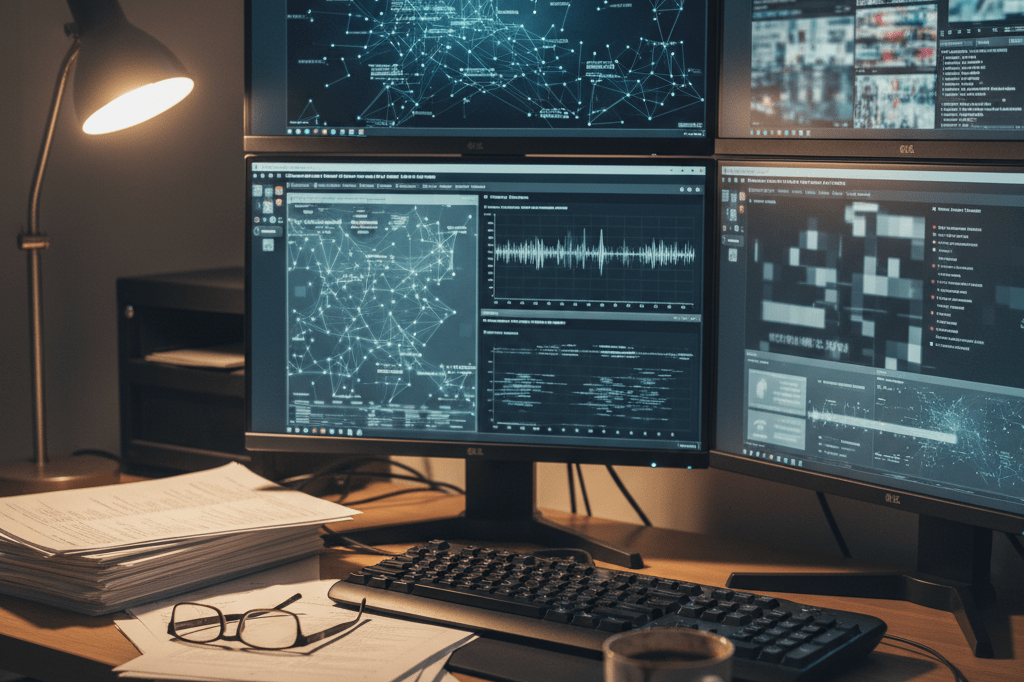 Detailed view of a digital forensics setup analyzing video evidence under warm ambient lighting.