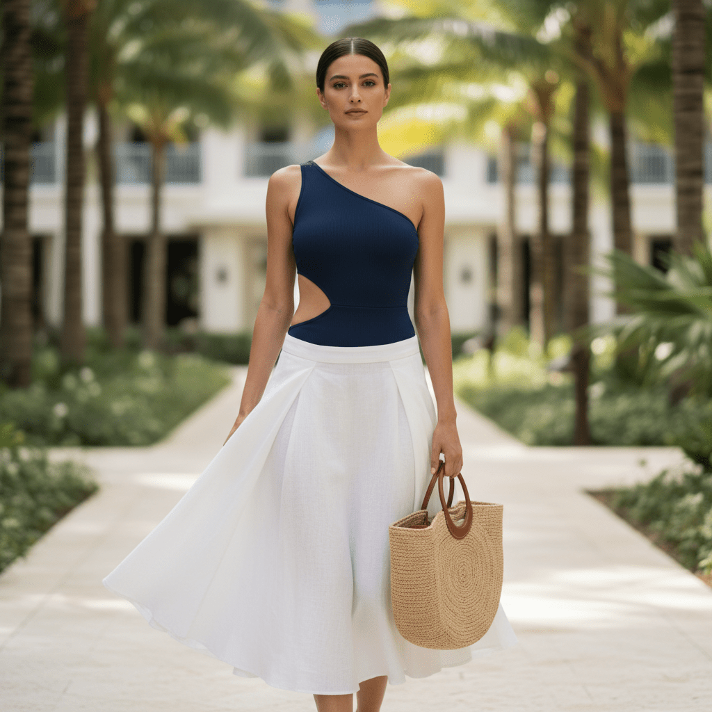 Navy architectural bodysuit with linen skirt on resort walkway.