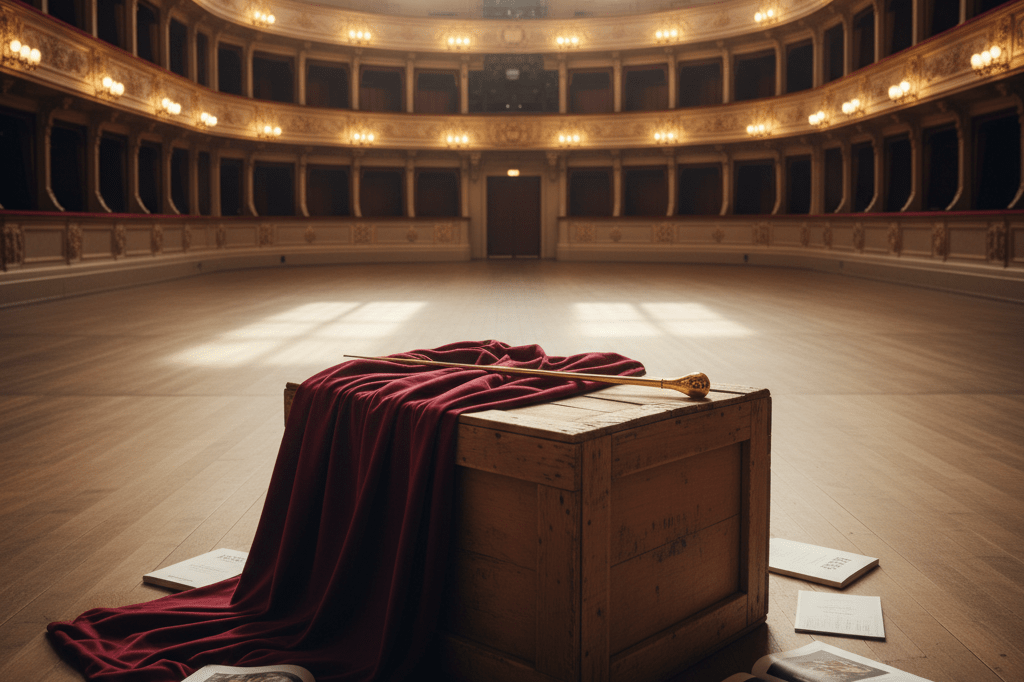 Grand empty opera stage with draped curtain and baton under warm natural light symbolizing arts economic impact