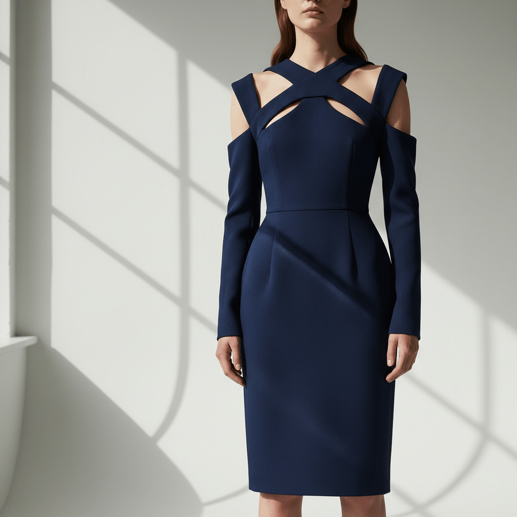 Avant-garde cold shoulder dress with sharp geometric cutouts in bonded crepe.