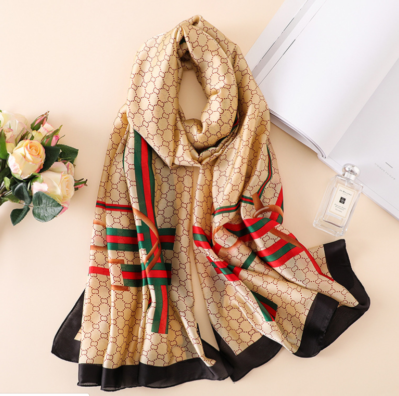 YYNIGHT Soft floral print silk scarf female shawl-Khaki/_110X200CM