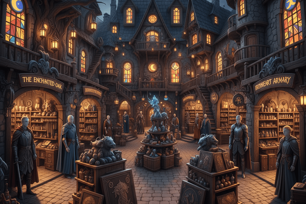 Wide-angle view of a fantasy-inspired retail area featuring glowing storefronts and creative displays under warm ambient lighting