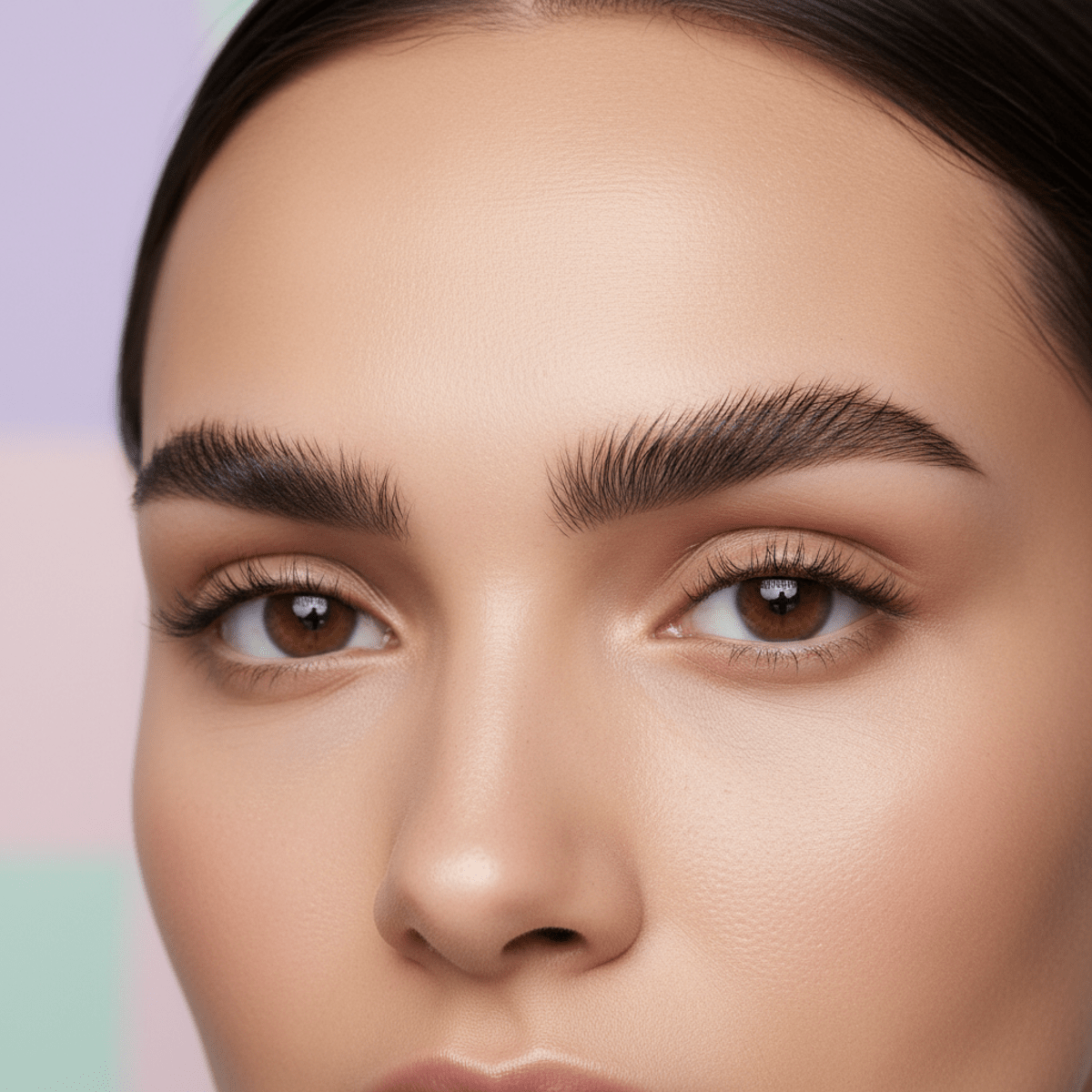Close-up of naturally thick, straightened eyebrows with lifted and laminated hairs.