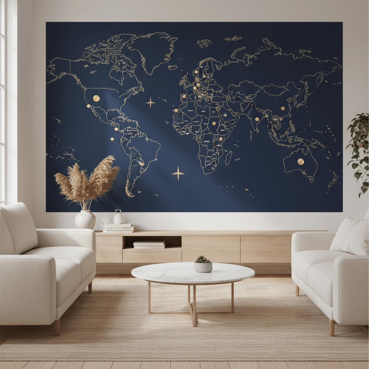 Modern family room with magnetic world map Large magnetic world map with pins in a modern family room.