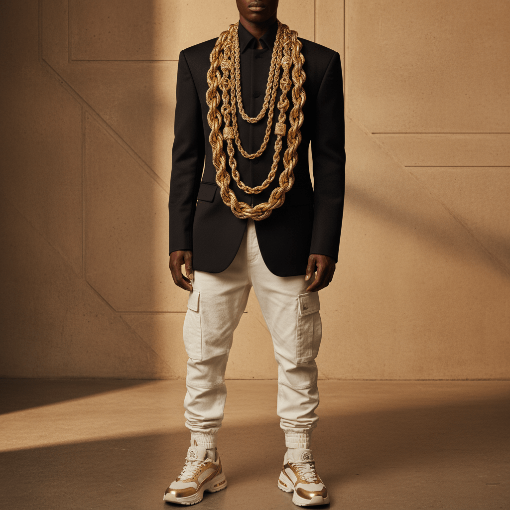 Model showcases 80s hip hop fashion with layered gold rope chains and streetwear.