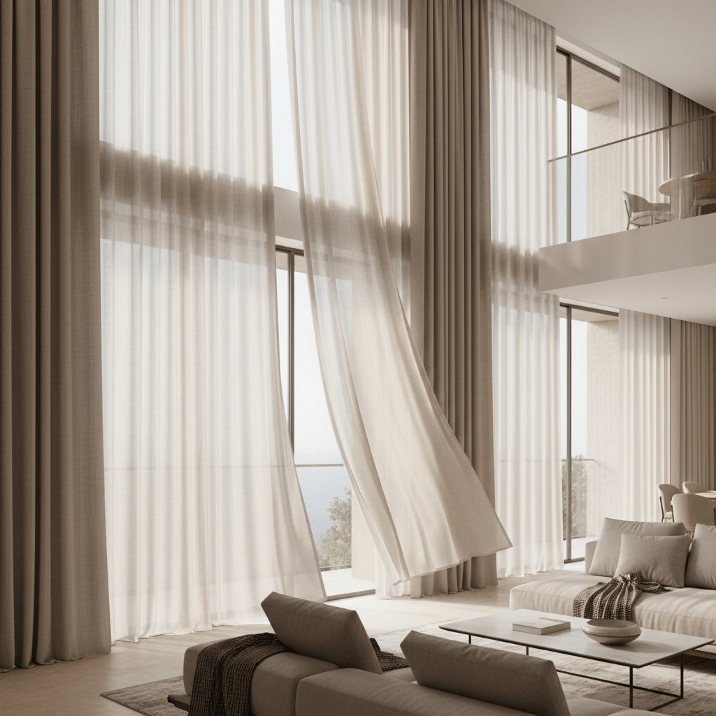 Layered modern curtains in a sunlit living room Sheer and opaque curtains gently billowing in sunlight through panoramic windows.