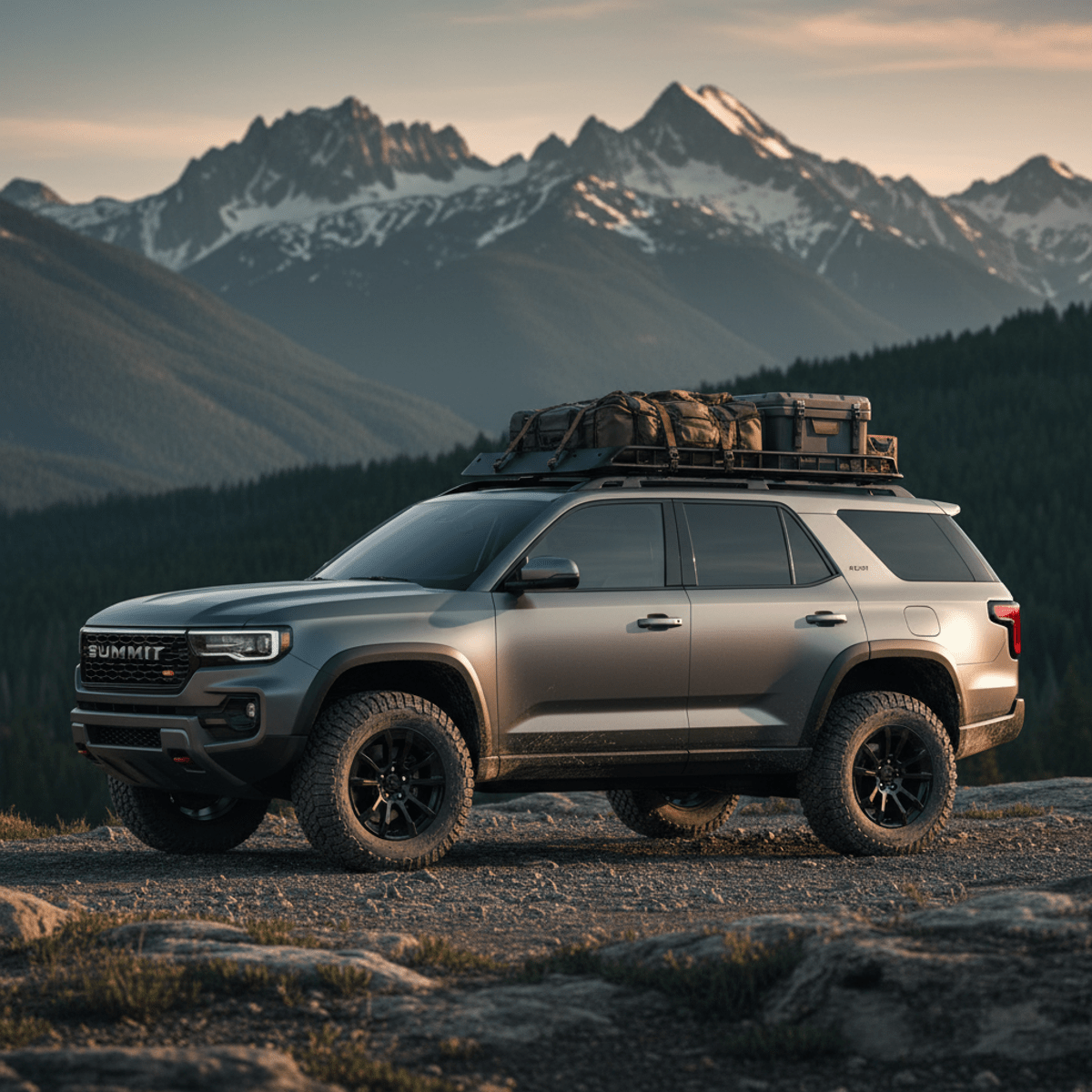 Rugged midsize SUV with bold lines parked on a rocky overlook with mountains.
