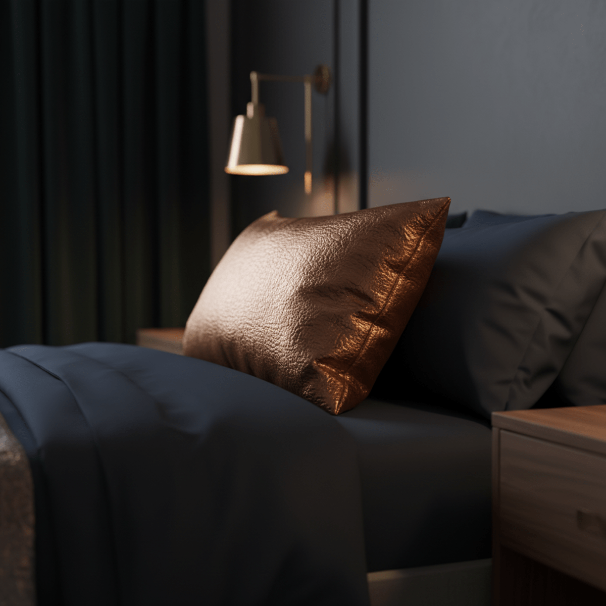 Close-up of a warm copper pillowcase reflecting ambient brass light.