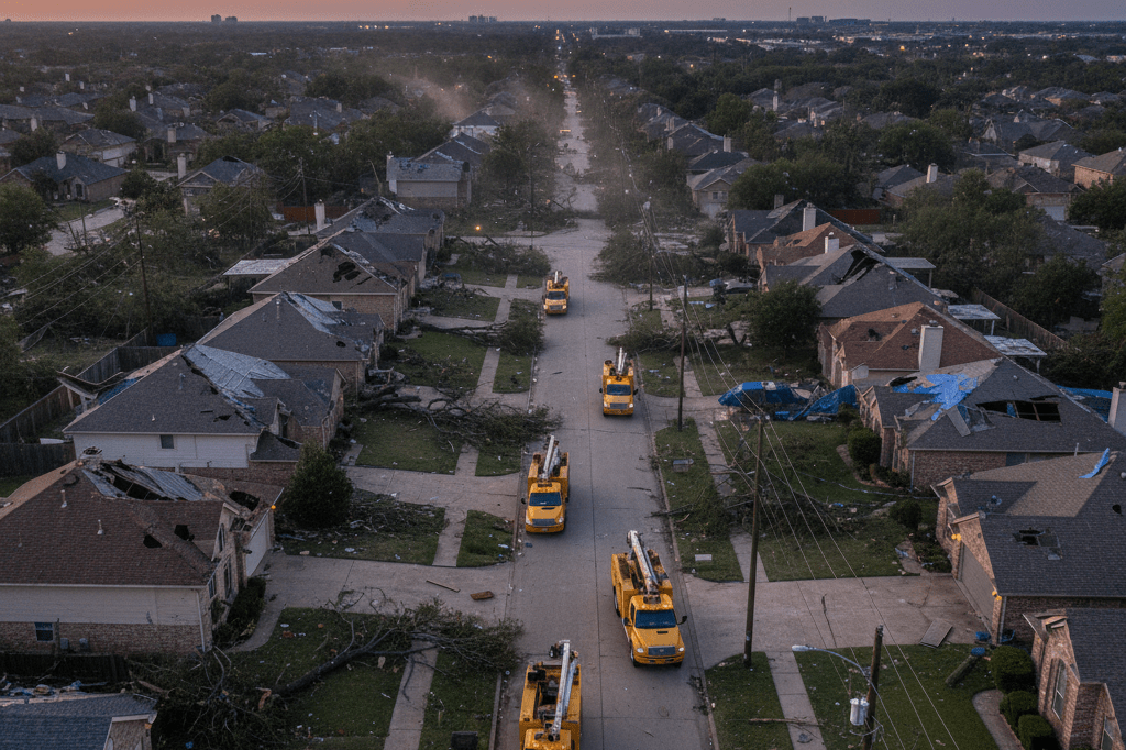 Wide view of suburban rooftops with meteorite damage under evening streetlights, highlighting emergency repairs