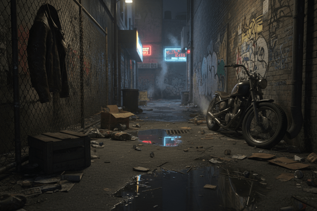 Dimly lit alley with reflective puddles, graffiti, and subtle hints of action under soft neon lighting