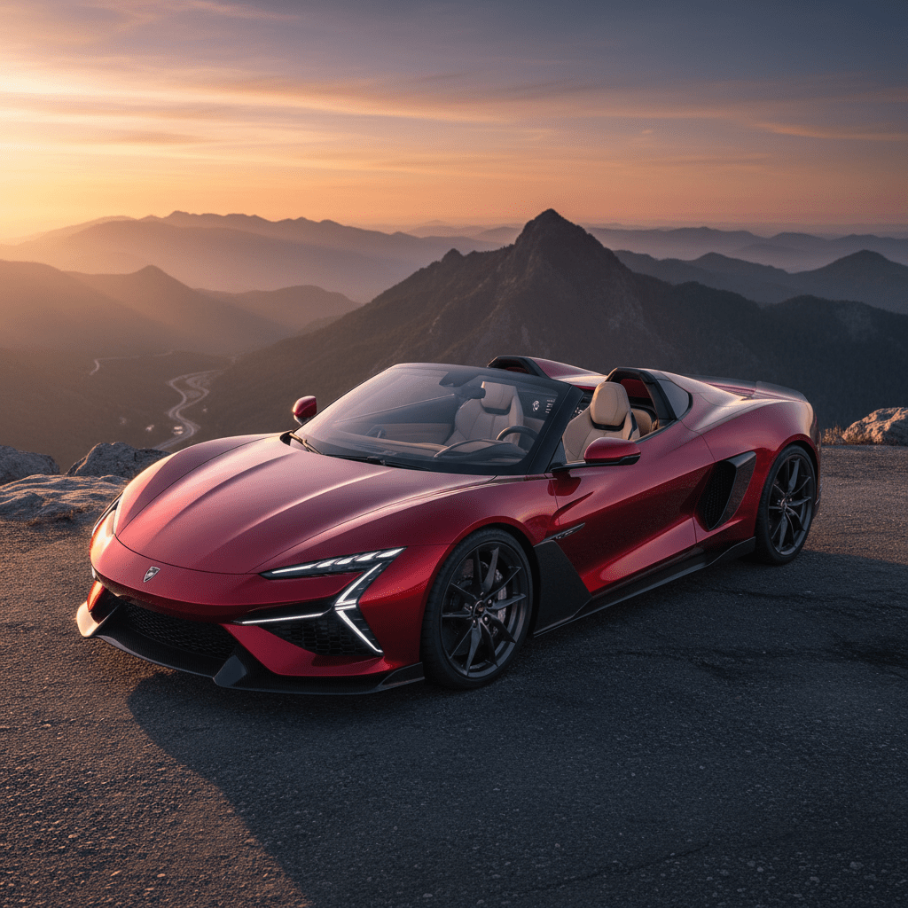 Metallic red convertible sports car parked on a cliffside at sunset, showcasing LED lights.