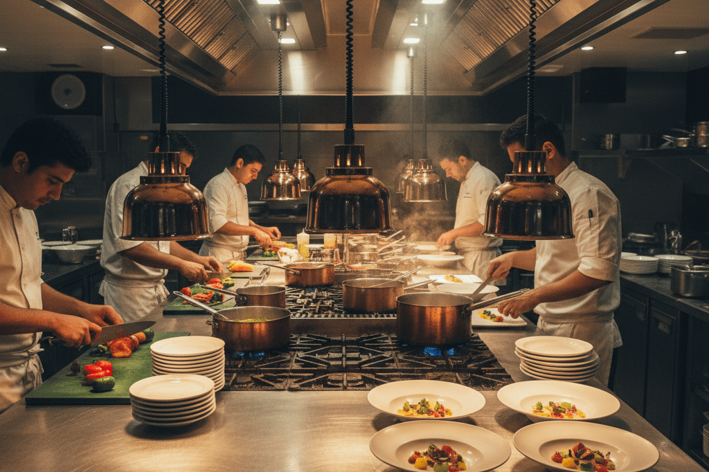 Bustling restaurant kitchen with chefs preparing food under warm ambient lighting, highlighting collaboration and skill