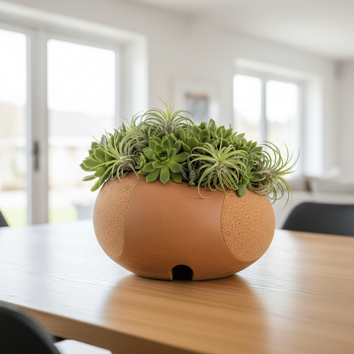 Earthy terracotta planter with succulents and air plants. Biophilic terracotta piggy bank planter filled with lush green succulents and air plants.