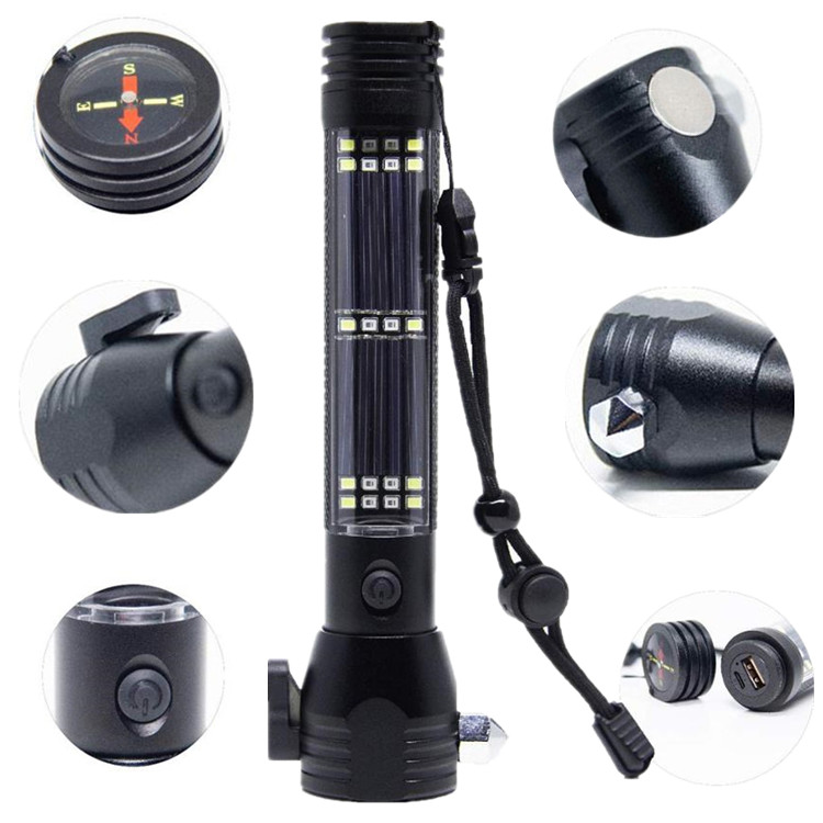 Портативный многофункциональный автомобильный аварийно-спасательный светодиодный фонарик на солнечной батарее, USB Перезаряжаемый Фонарик для самообороны на солнечной батарее