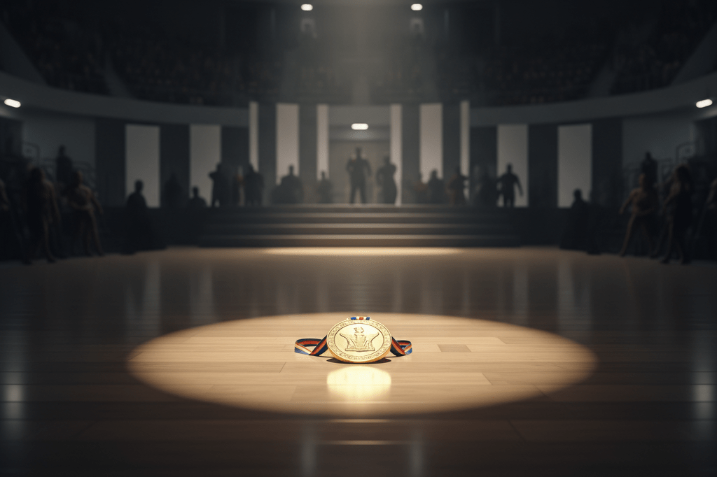 Gold medal on empty bodybuilding stage under spotlights symbolizing strategic market success