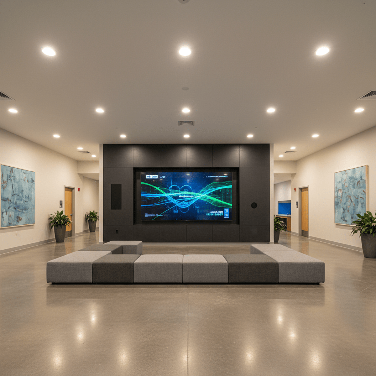 Spacious community lounge featuring a large 4K screen and comfortable grey seating.