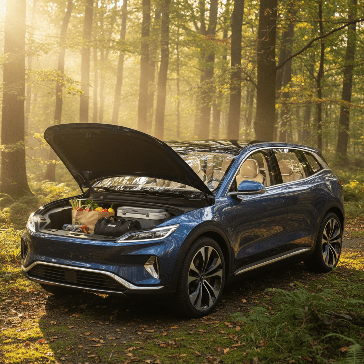 Spacious electric SUV storage in a forest setting. Electric SUV with open front trunk full of groceries and gym bag.