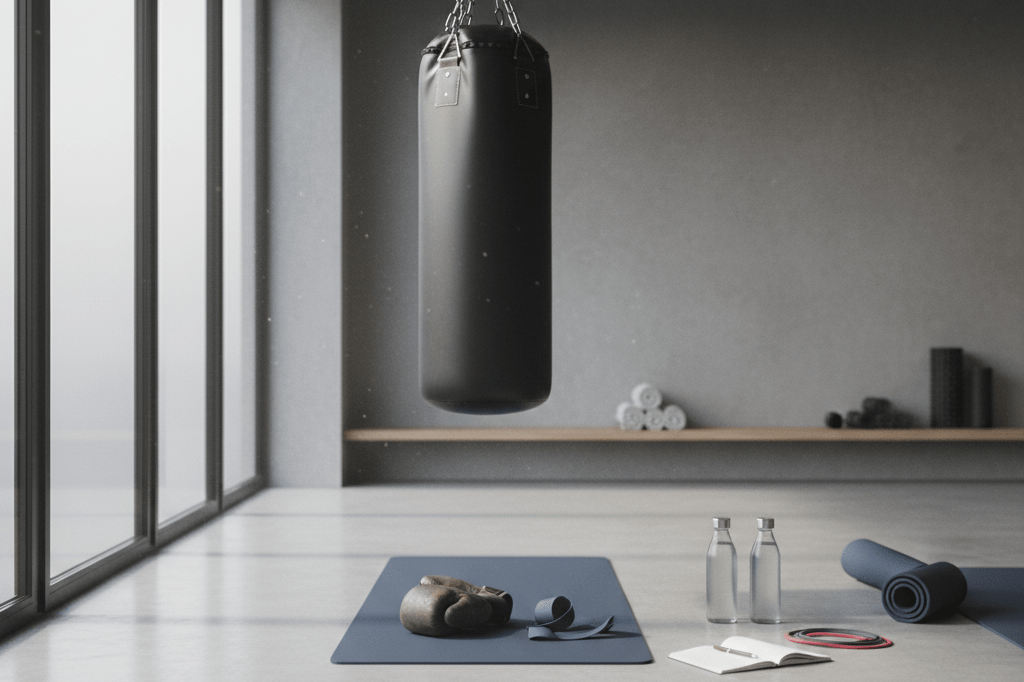 Wide shot of a minimalist training gym with punching bag and gear under natural light symbolizing systematic readiness