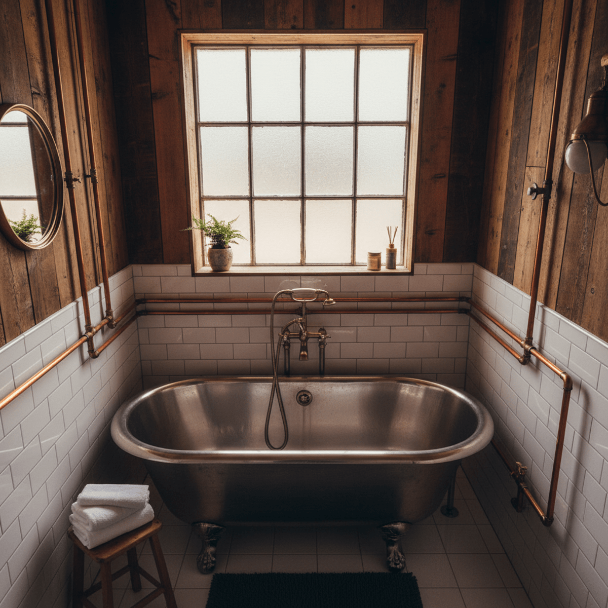 Polished stainless steel clawfoot tub in a retro-industrial bathroom with copper pipes.