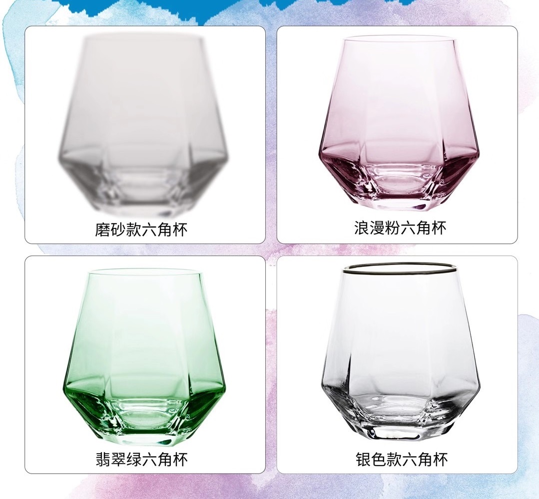 Hexagonal Clear Cup Stock OEM Colored Gold Rim Whiskey Glass Cup