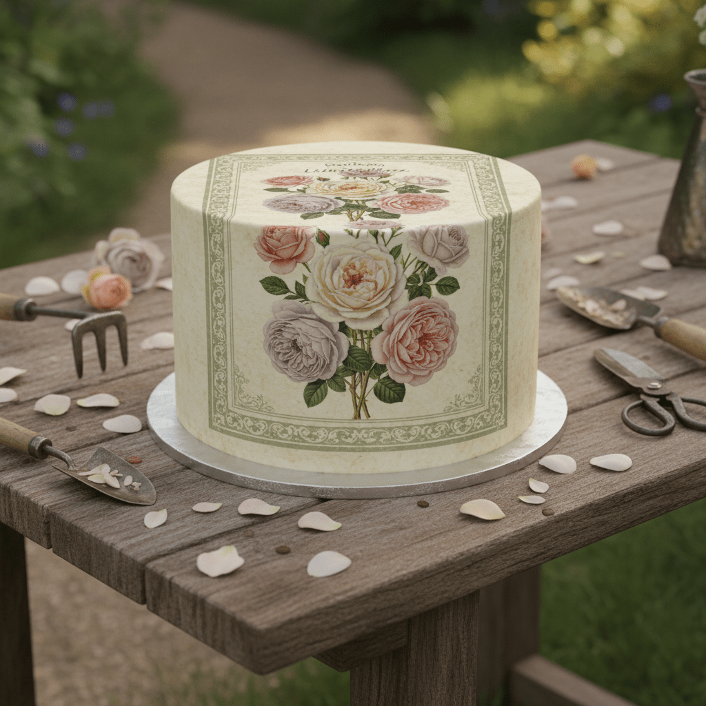 Edible vintage seed packet cake with botanical rose illustration on a garden table.