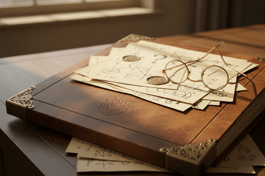 Close-up of a mysterious vintage dossier with handwritten notes and reading glasses under soft natural light, evoking intrigue in branding techniques