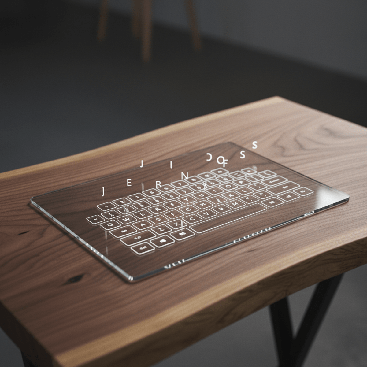 Ultra-minimalist glass tablet with illuminated keys on a live-edge walnut desk.