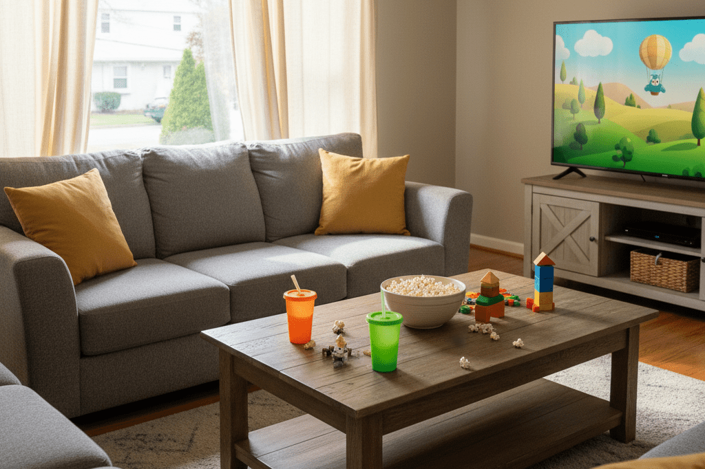 Living room with TV, toys, and snacks under natural light, evoking family entertainment during spring break season