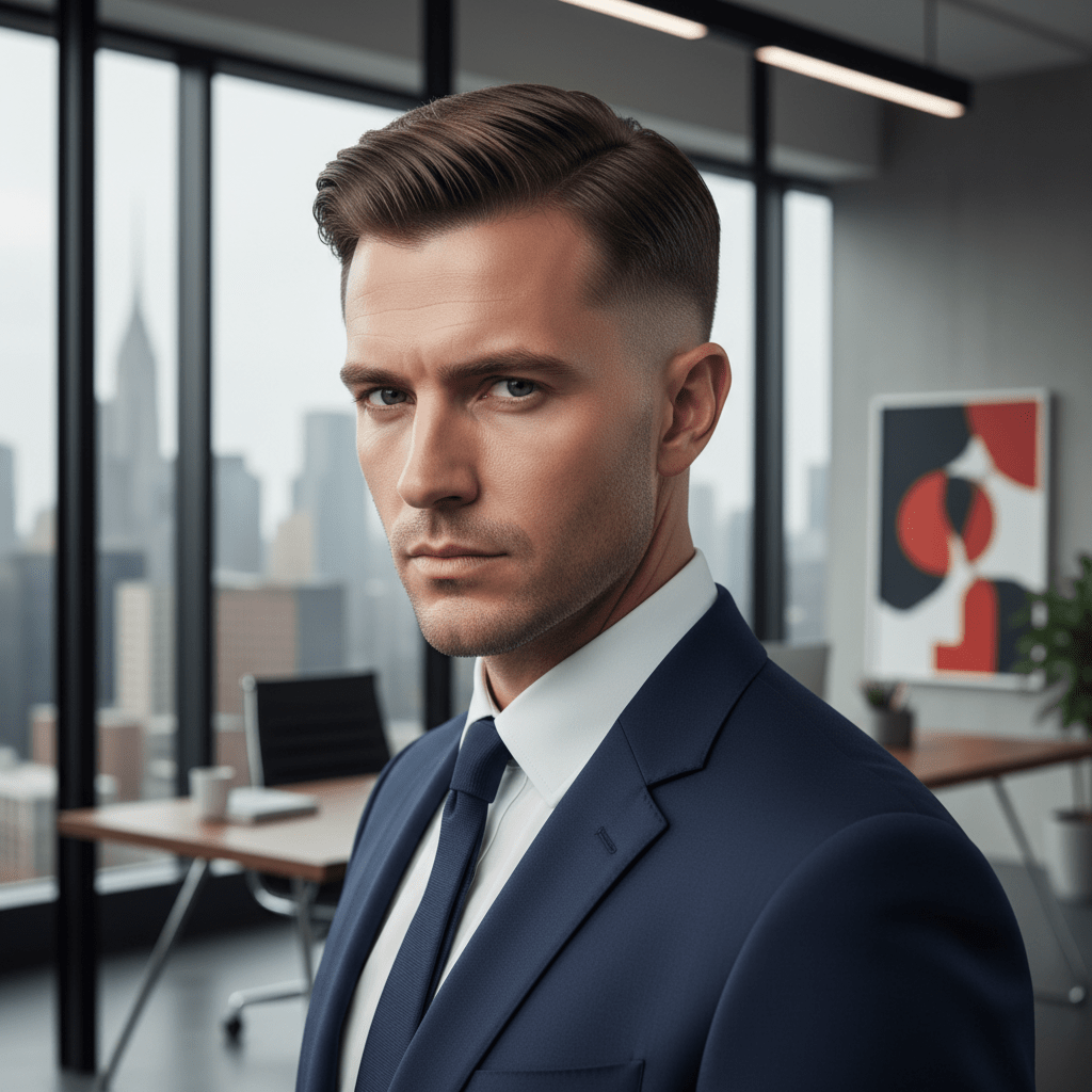 Refined Ivy League haircut for men with sharp fade and polished top.