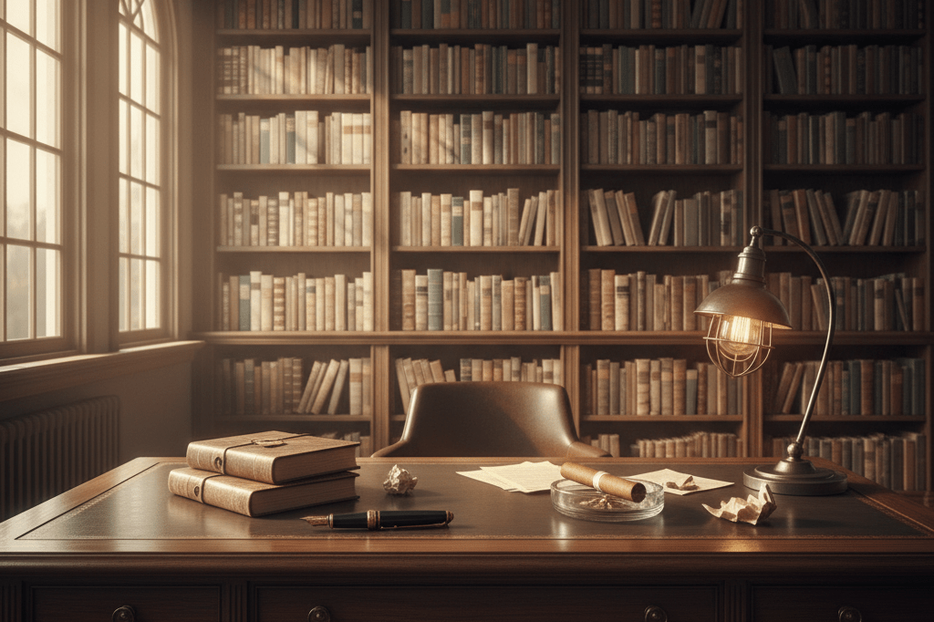 Wide shot of a vintage desk with pen, notebook, and cigar under natural light, representing thoughtful business strategies