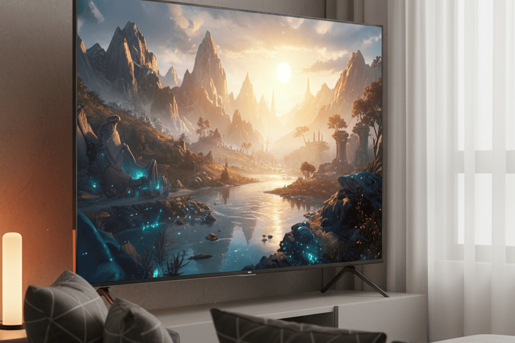Large 4K TV displaying vivid fantasy landscape with ray tracing, emphasizing premium display demand