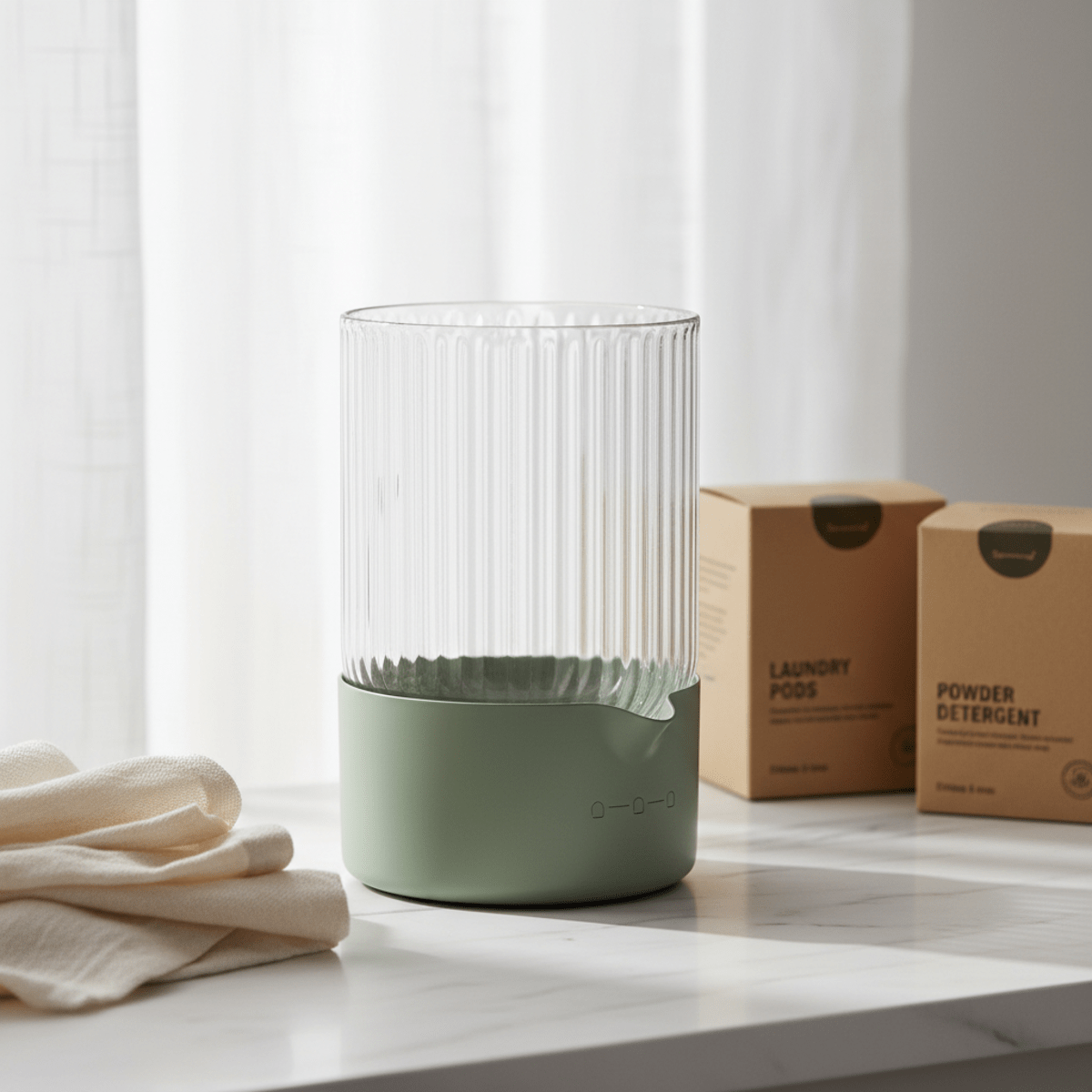Elegant glass refillable canister for laundry pods on a sage green base.