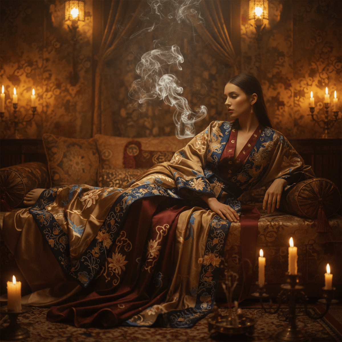 Fashion portrait with model in embroidered silk, smoke, and candlelight in a dimly lit room.