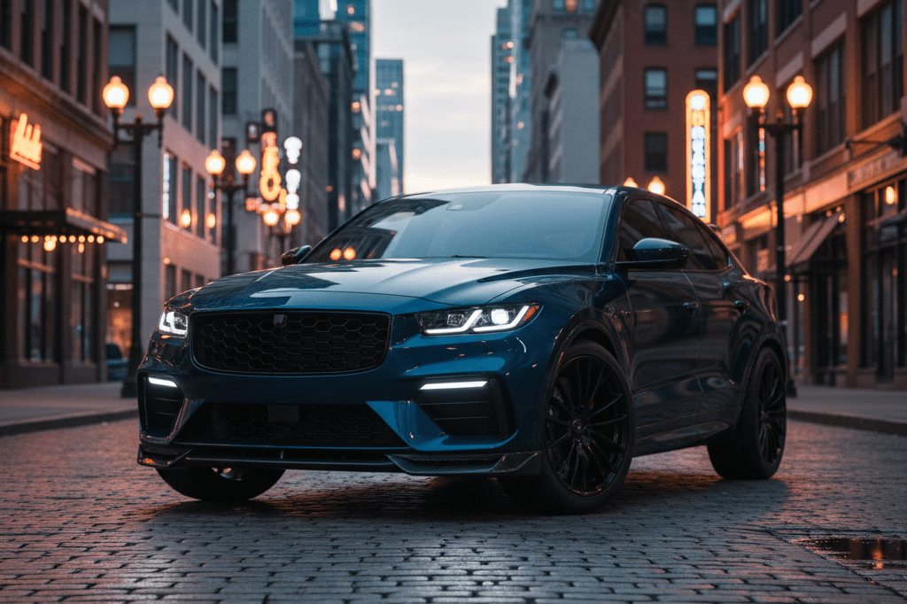 Sport-tuned SUV with angular headlights and dual exhaust parked under soft city lighting, evoking modern design trends