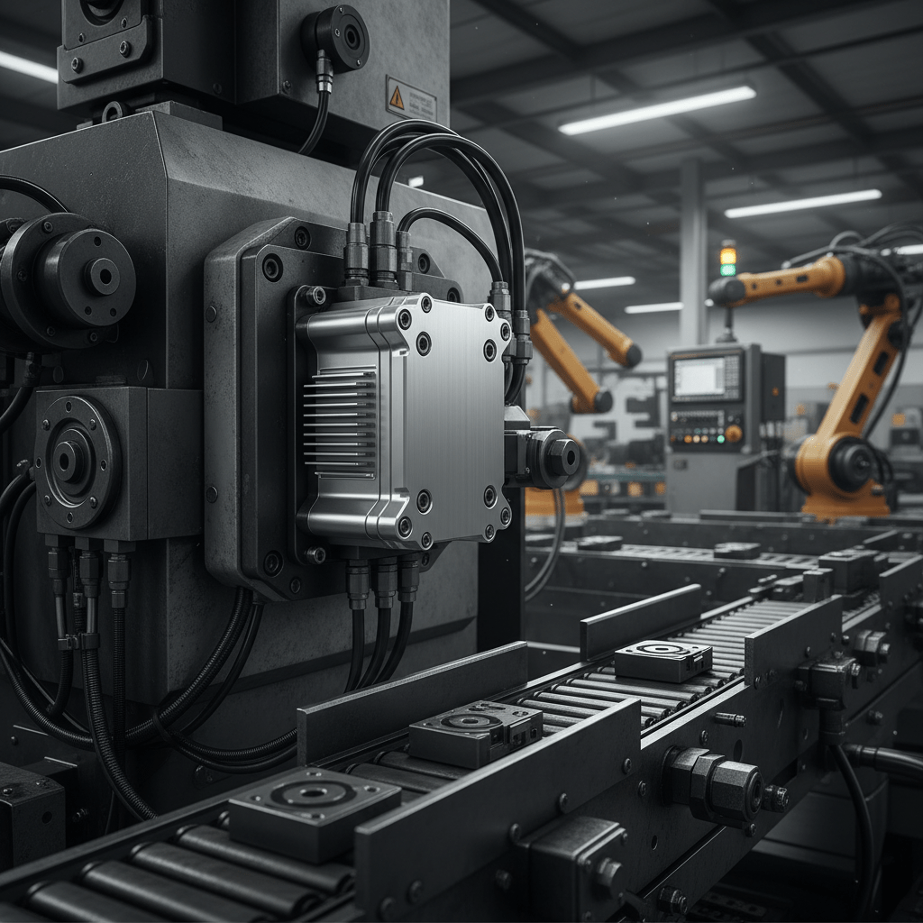 Rugged industrial PC mounted on a large manufacturing machine in a busy factory.