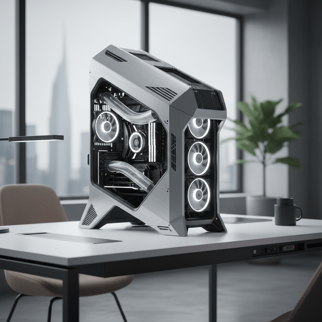 Futuristic sculptural PC case with angular metallic panels and geometric open-air structure.