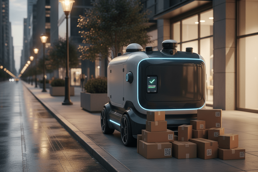 Sleek autonomous delivery vehicle parked curbside amidst urban environment under ambient lighting, highlighting logistics evolution