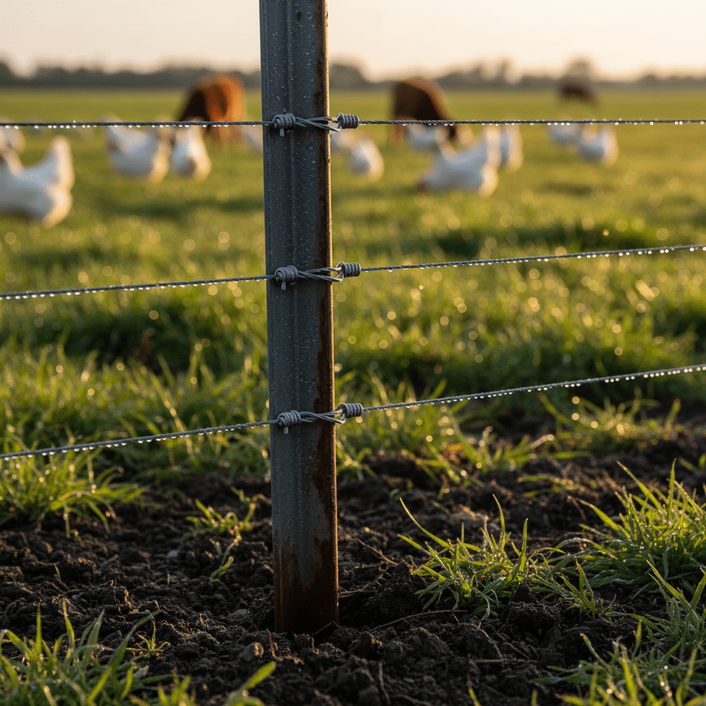 Close-up of a steel t-post anchored in soil with polywire fencing, dew droplets.