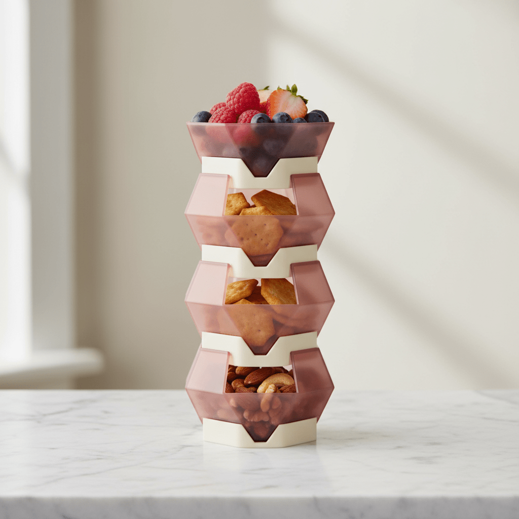 Stackable modular snack cups tower with berries, crackers, and nuts on marble.