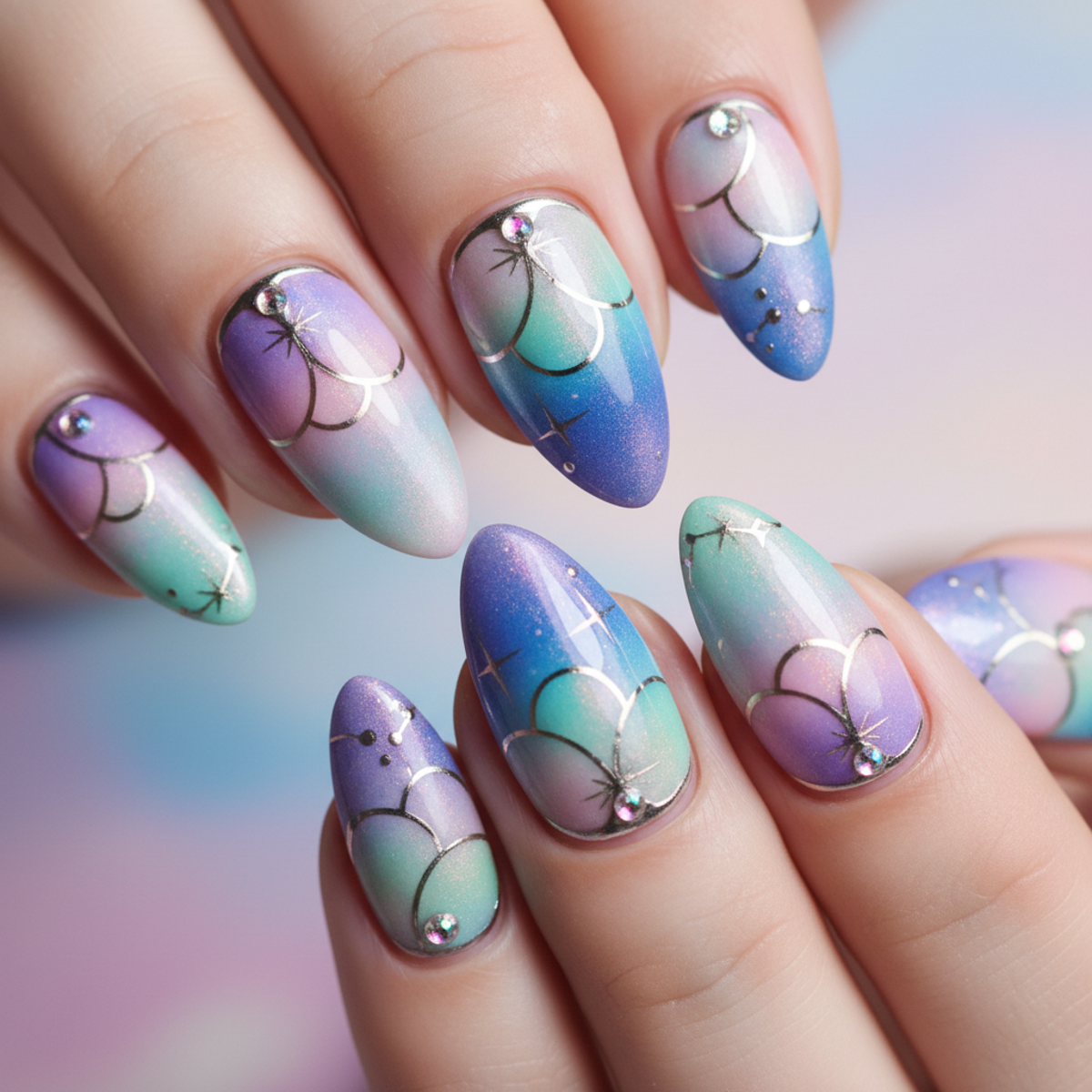 Trendy almond nails with pearlescent gradients, stars, and crystals in twilight colors.