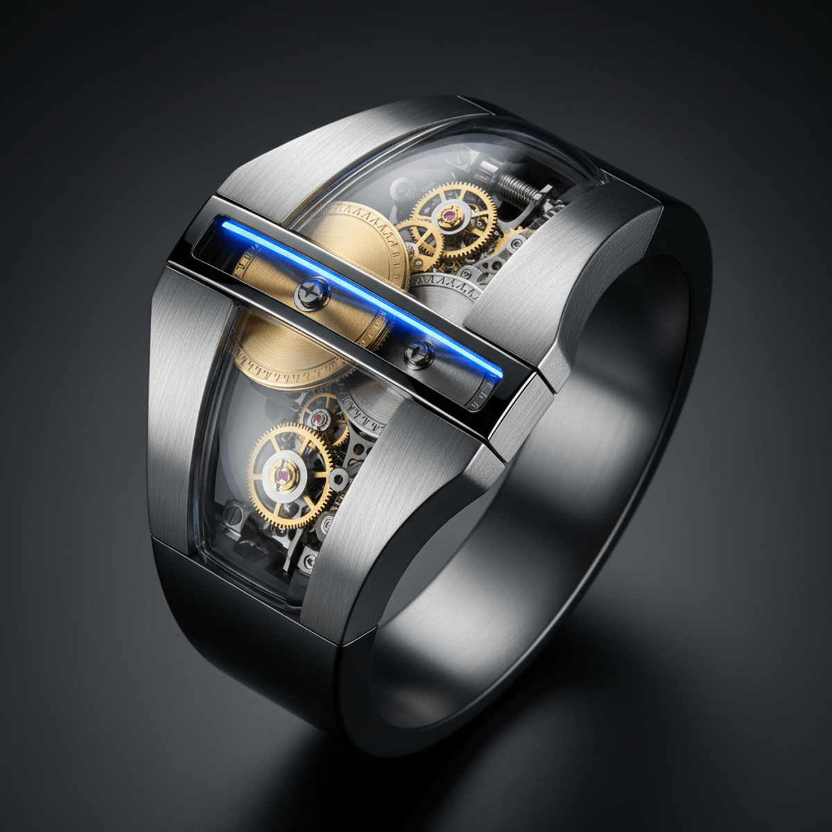 Close-up of a futuristic ring watch with rotating discs and visible gold and steel micro-mechanisms.
