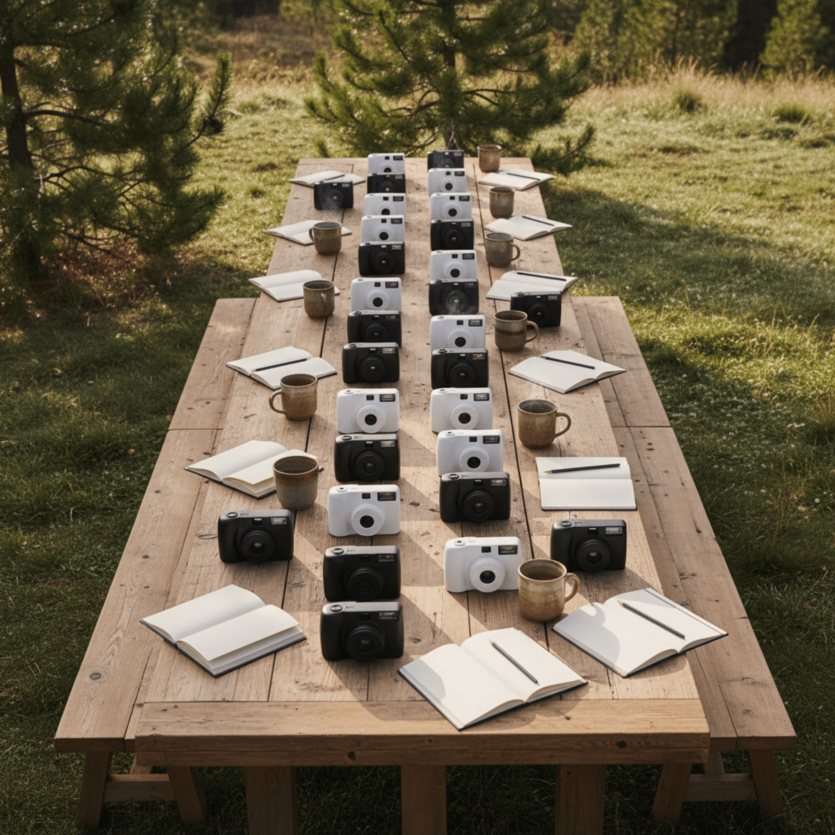 Bulk disposable cameras arranged on a rustic wooden table in a mountain retreat.