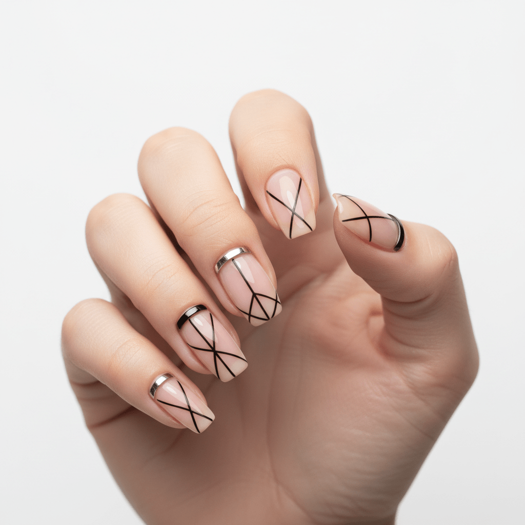 Minimalist nail art with black geometric lines and floating cuffs on buffed natural nails.