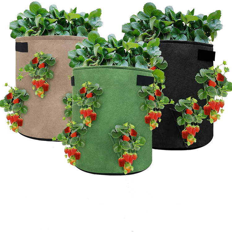 Экологичный фетровый мешок для выращивания клубники, круглый горшок для выращивания растений, 7 галлонов, 10 галлонов, 8 боковых карманов, 2 мм