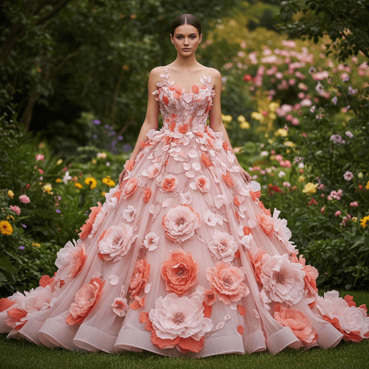 Hyper-realistic 3D floral appliqués cascade down a voluminous blush pink to coral prom ball gown.